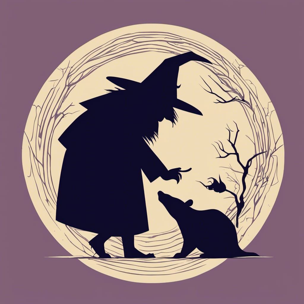 Giant Possum Hugging Witch Silhouette in Noir Style