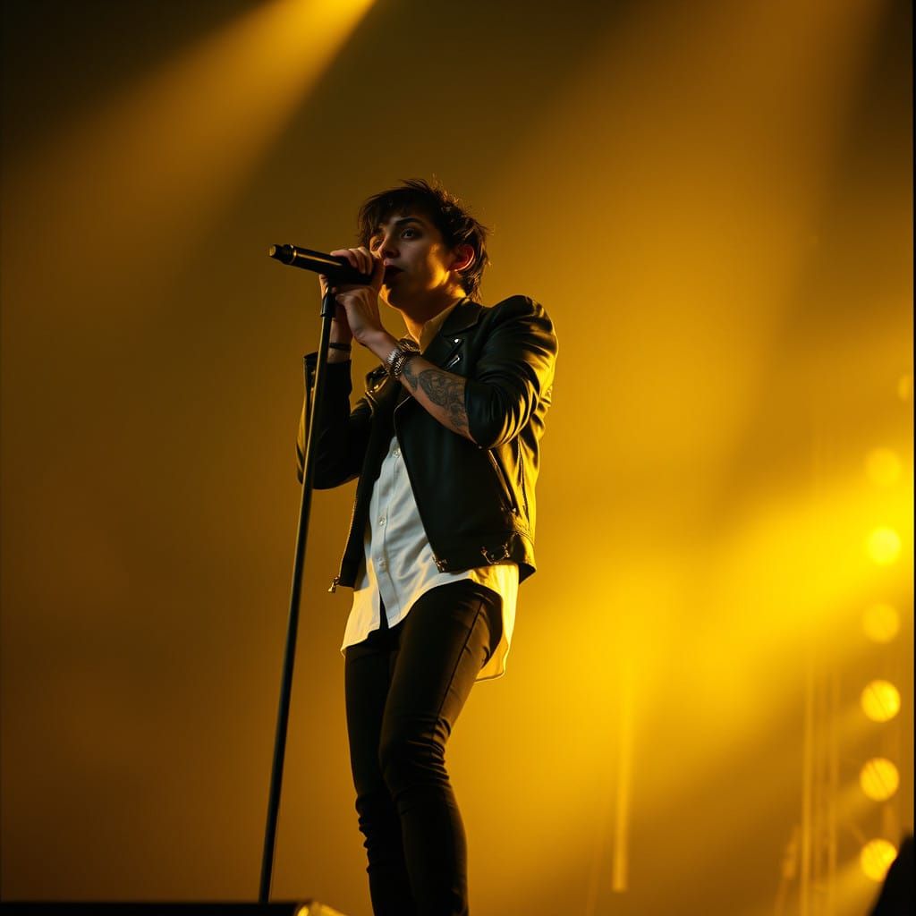 Gerard Way: Moody Rockstar in Dimly Lit Stage Glow