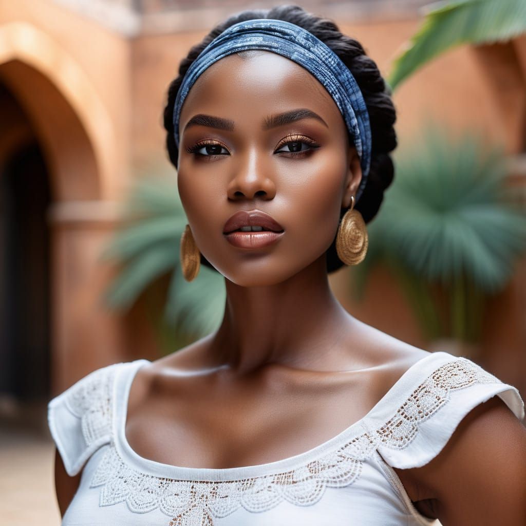 Ethereal African Beauty in a Vibrant Courtyard