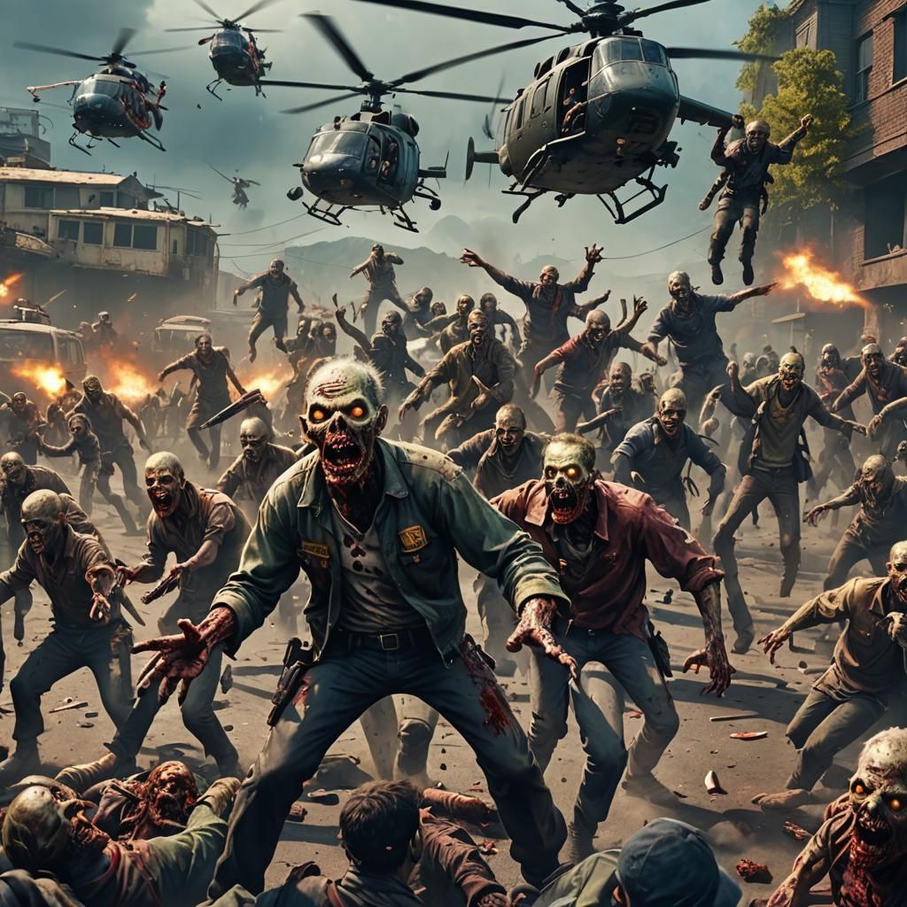 Zombies Attack Man, Helicopter Shoots: Detailed Matte Painti...