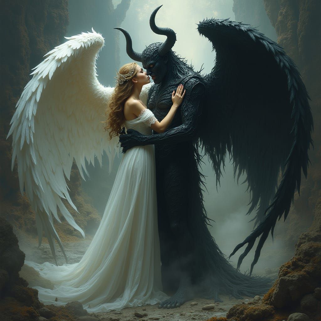 Angel Embracing Devil in Dark Fantasy Art