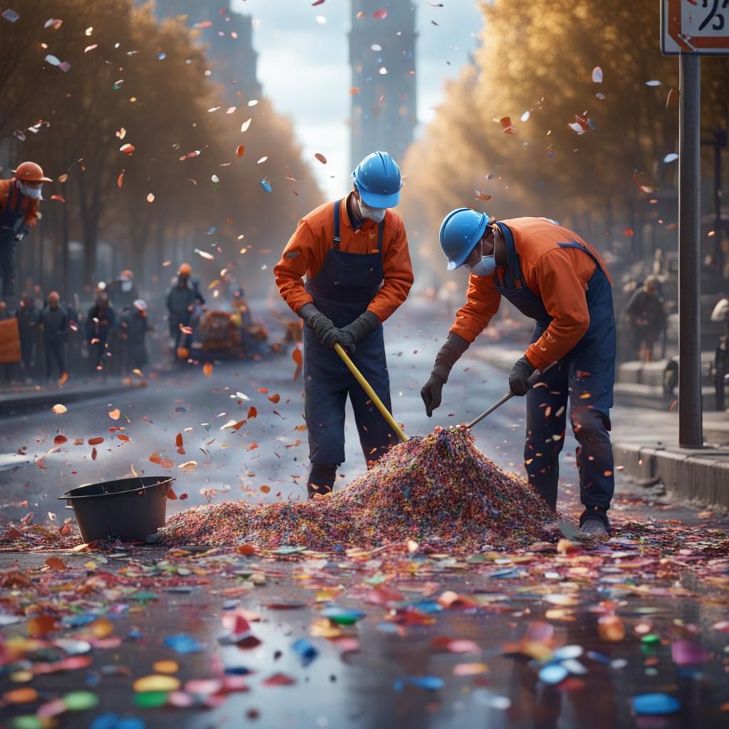Workers Clean Confetti After New Year Celebration