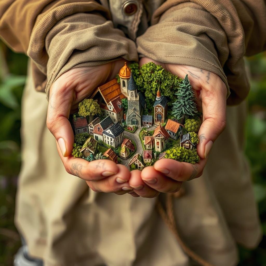Gentle Hands Hold a Tiny Rural Village in Realistic Detail