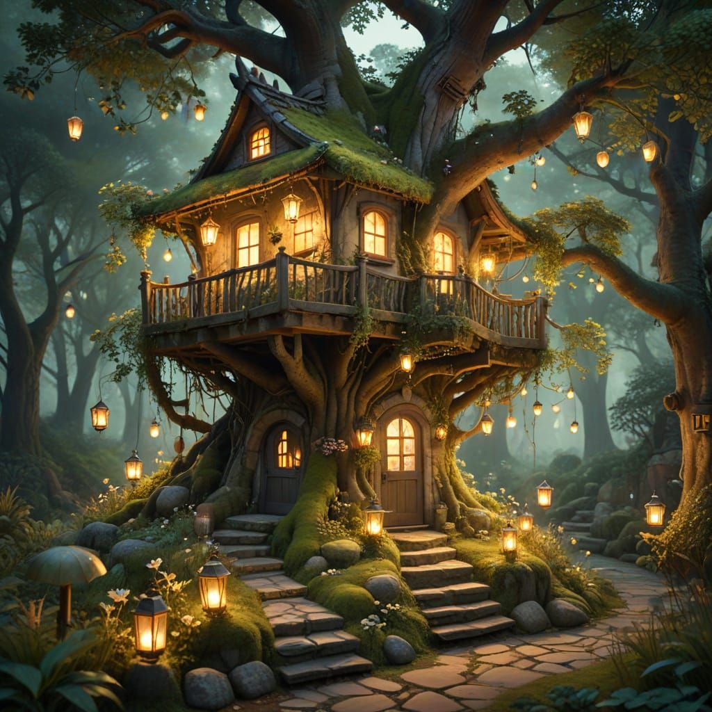 Whimsical Treehouse Sanctuary in Vibrant Watercolor