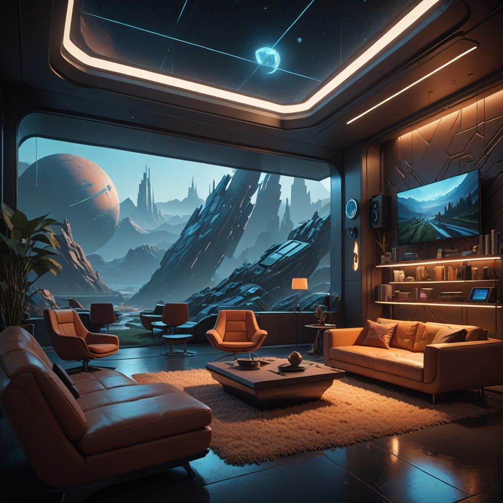 A domestic lounge on a planet in the future.