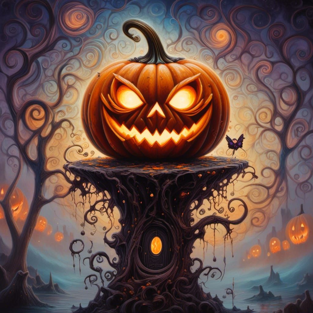 Glowing Jack-o'-Lantern in Surreal Dark Fantasy Style