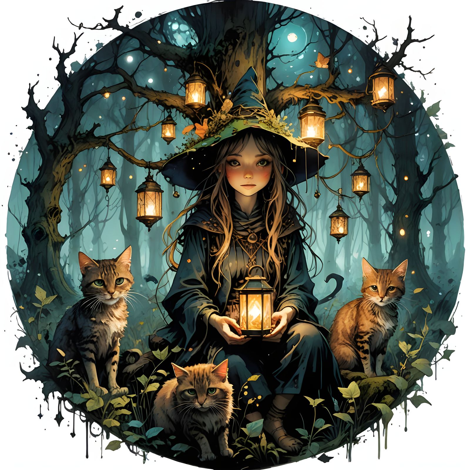 Enchanted Witch Girl Surrounded by Whimsical Forest Creature...