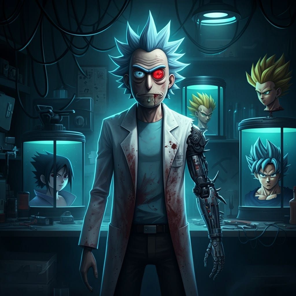 Dark Cyberpunk Vision of Rick Sanchez with Saiyan DNA
