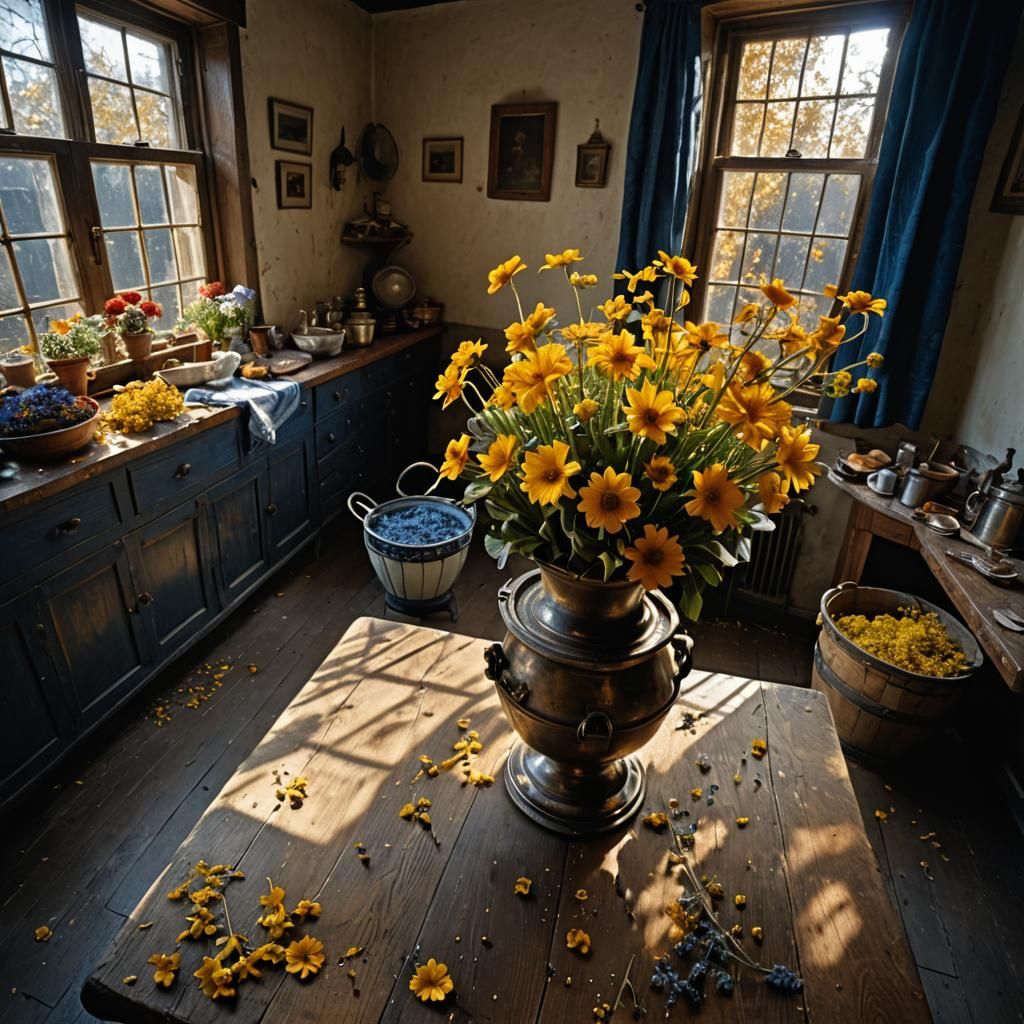 Golden and Delft Flowers in Copper Bucket, Hyperrealist
