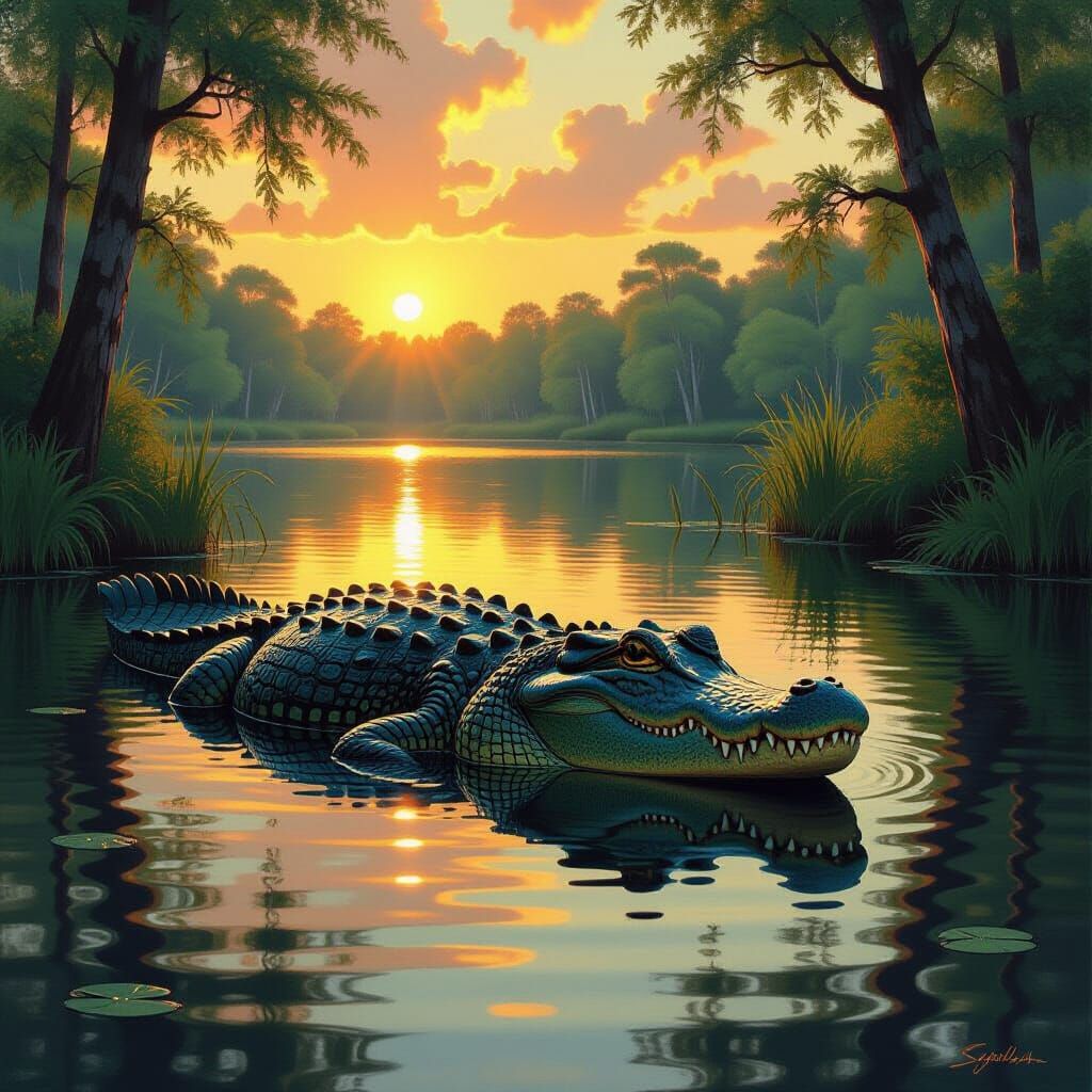 Crocodile in Lake at Sunset in Dark Realism Style