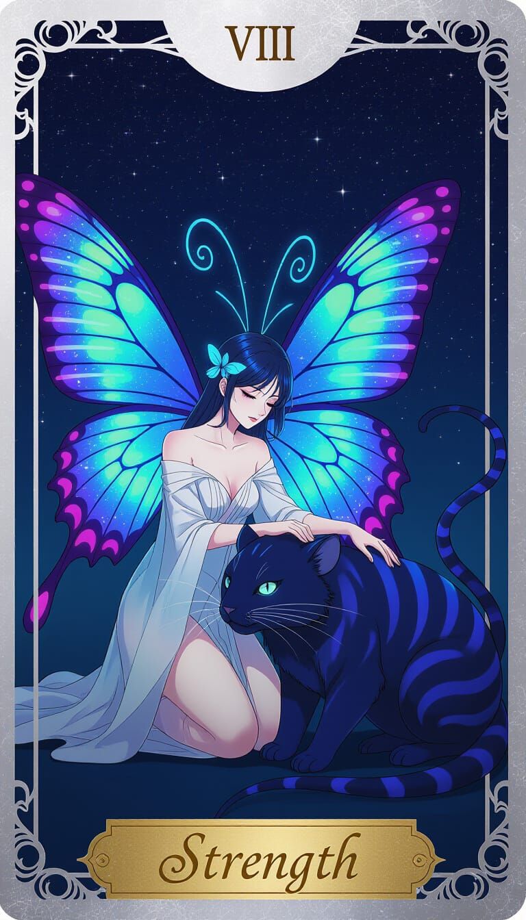 Anime Tarot Card: Strength in Silver Frame