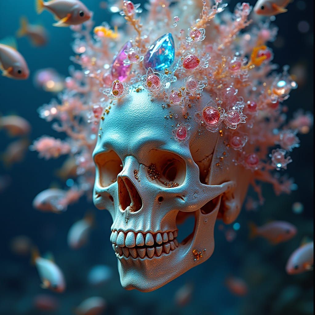Majestic Hyperrealistic Fish Swarm Around Crystal Skull in V...