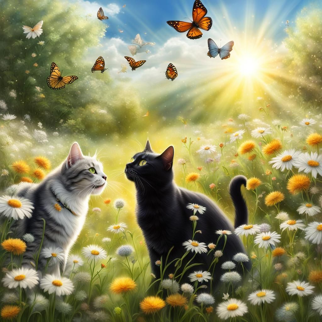 Cats Play in Sunny Flower Meadow