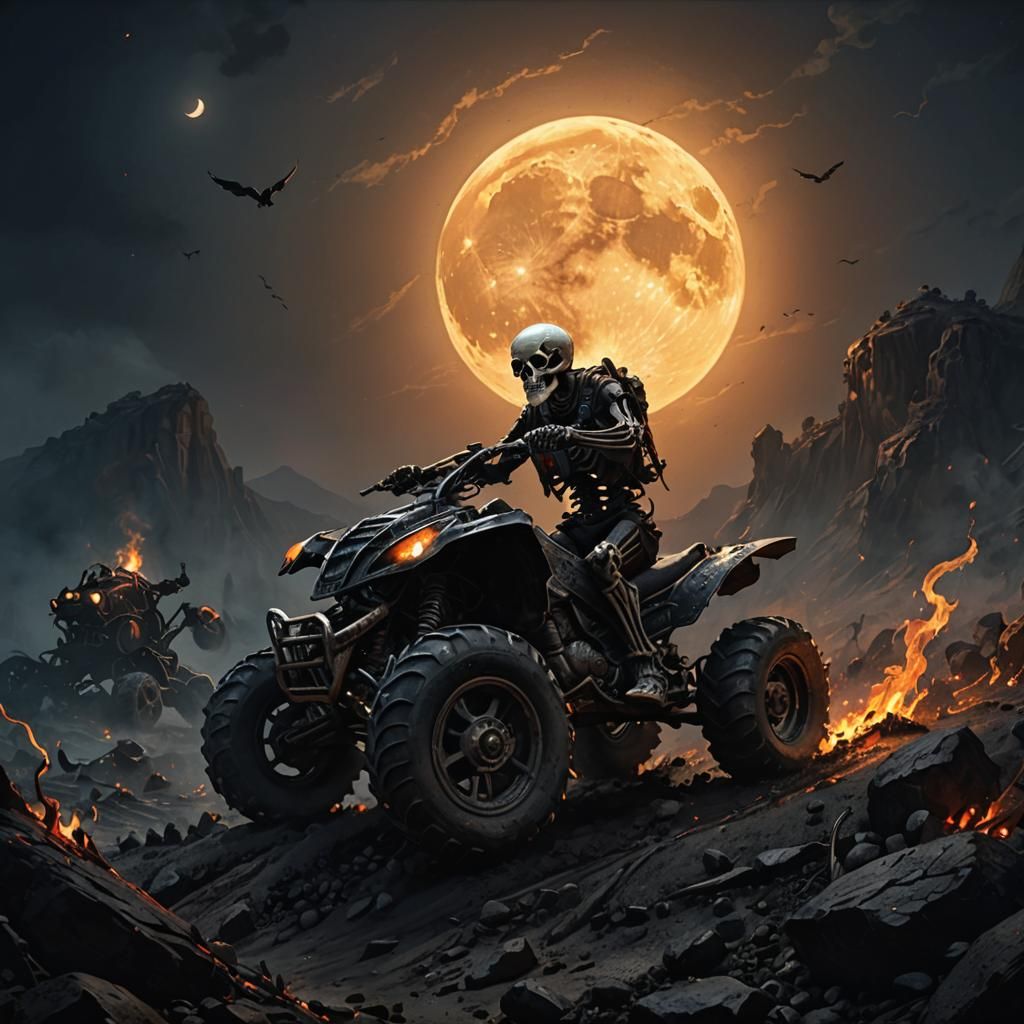 Skeleton Rider on Burning Quad Bike