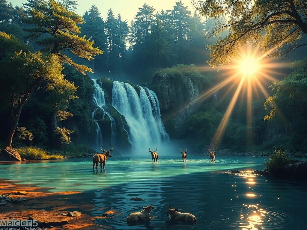 Eine atemberaubender Wasserfall in einer fantasievollen Umgebung. Ein blühender Wald mit wilden Tieren die am Wasserfall...