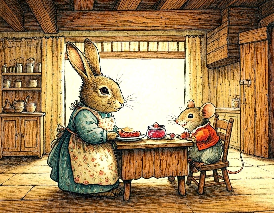 Rabbit and mouse guest enjoying a meal