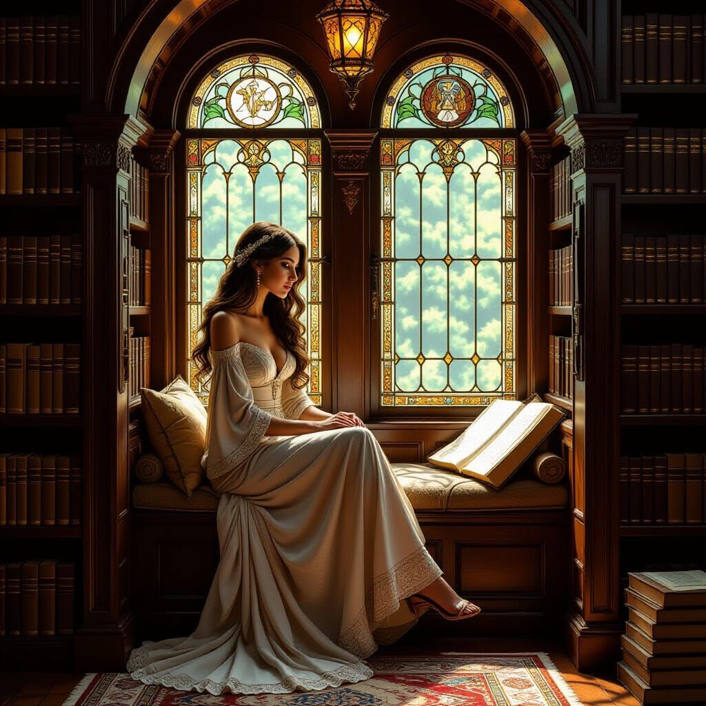 Sequoia Library: Art Nouveau Woman Surrounded by Books