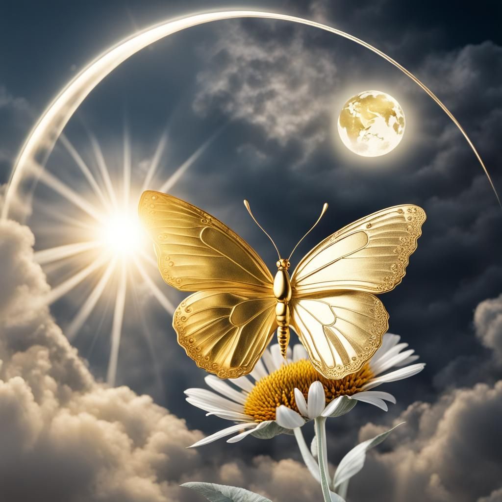 Golden Butterfly on Silver Flower, Divine Light