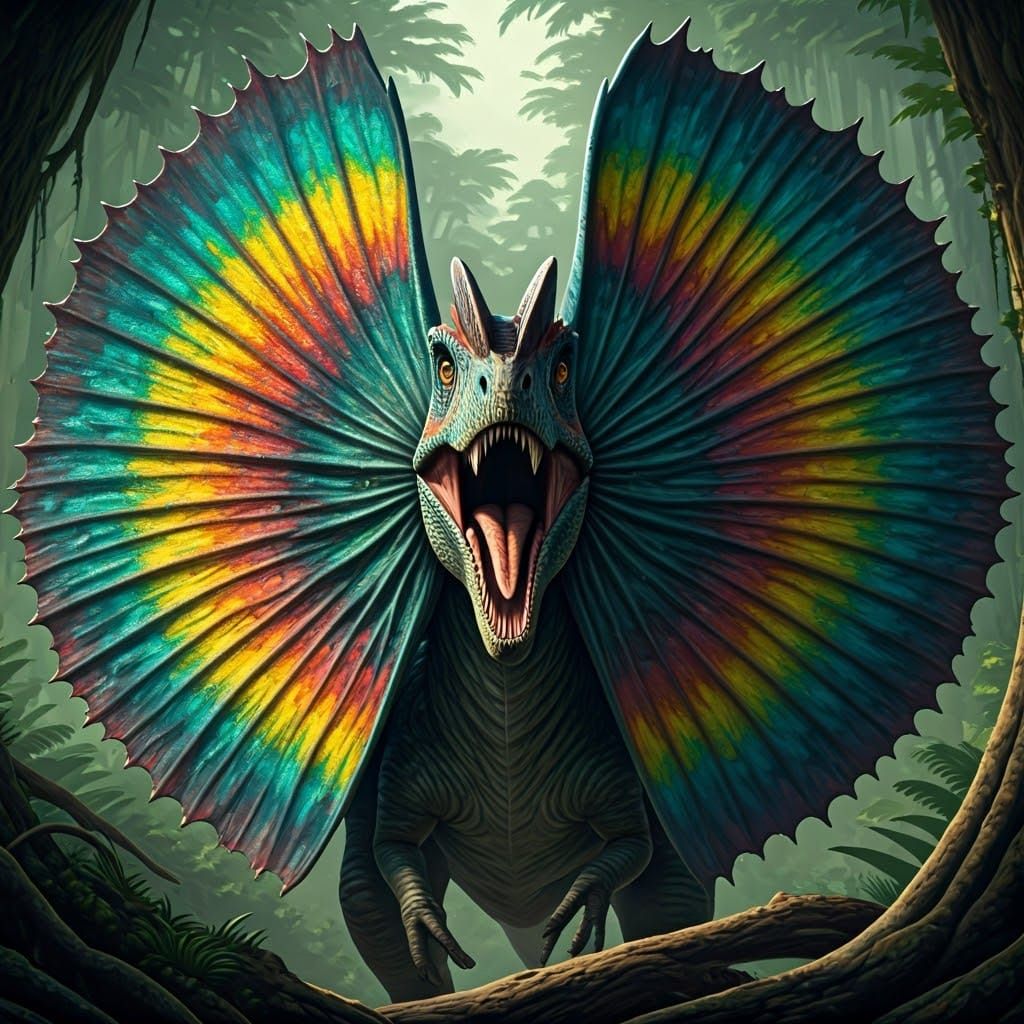 Surreal Dilophosaurus Roars with Iridescent Frill