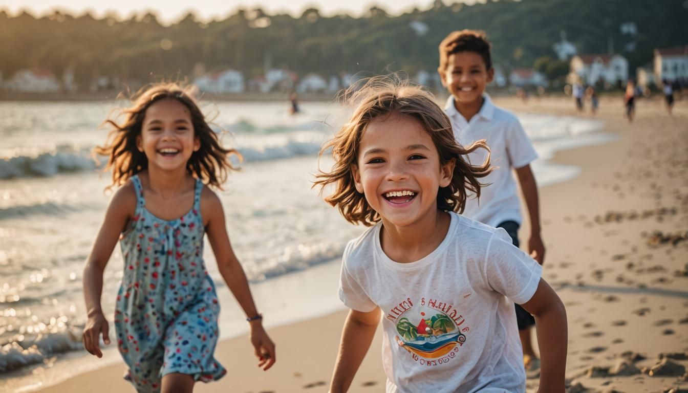 Smiling Children Playing at the Beach in Natural Light