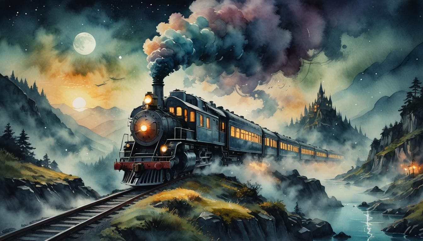 Fantasy Train Glides Through Magical Watercolor Landscape