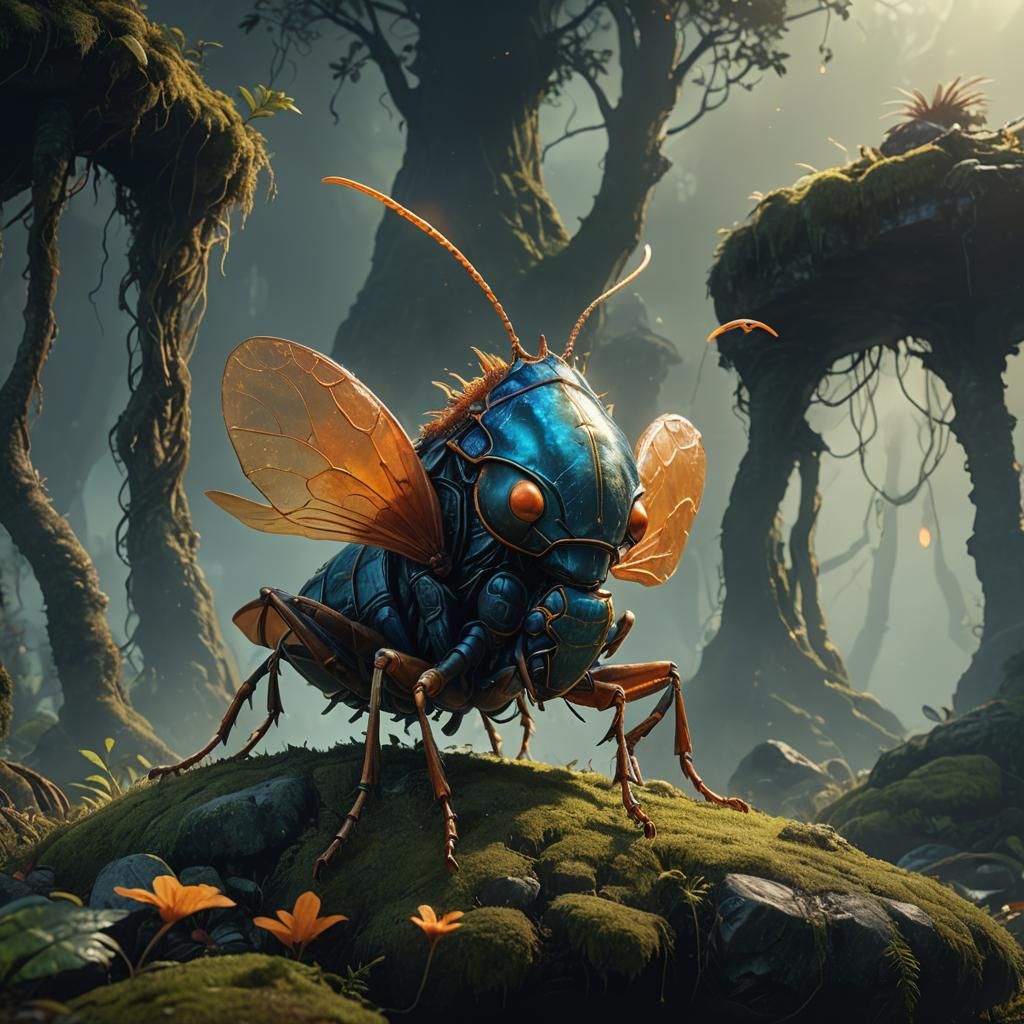 Giant Flea on Mossy Stone: Fantasy Concept Art