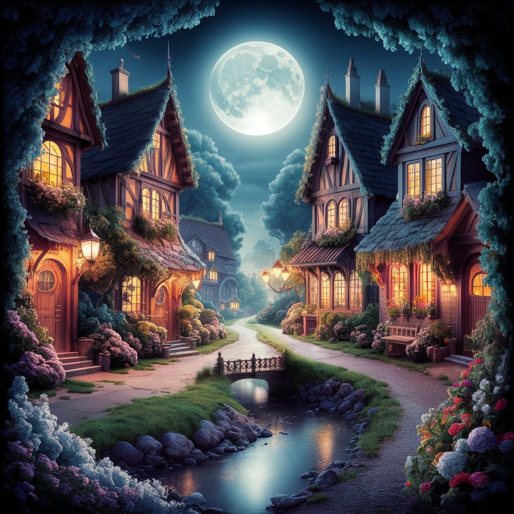 Charming Countryside Village at Night Under Moonlight
