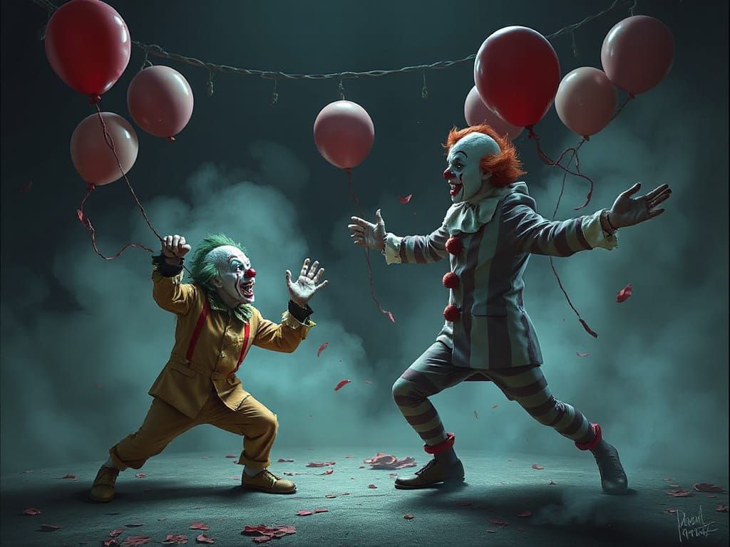 Ethereal Digital Illustration of a Liminal Clown Fight