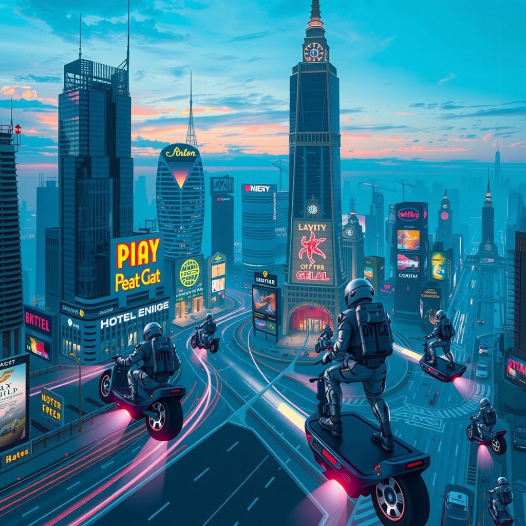 Futuristic Cityscape with Flying Cars and Daring Adventurers