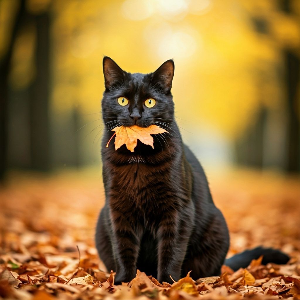 Black Cat With Autumn Leaf in Warm Light