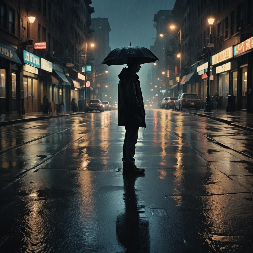 Rainy Cityscape at Night in Expressionist Style