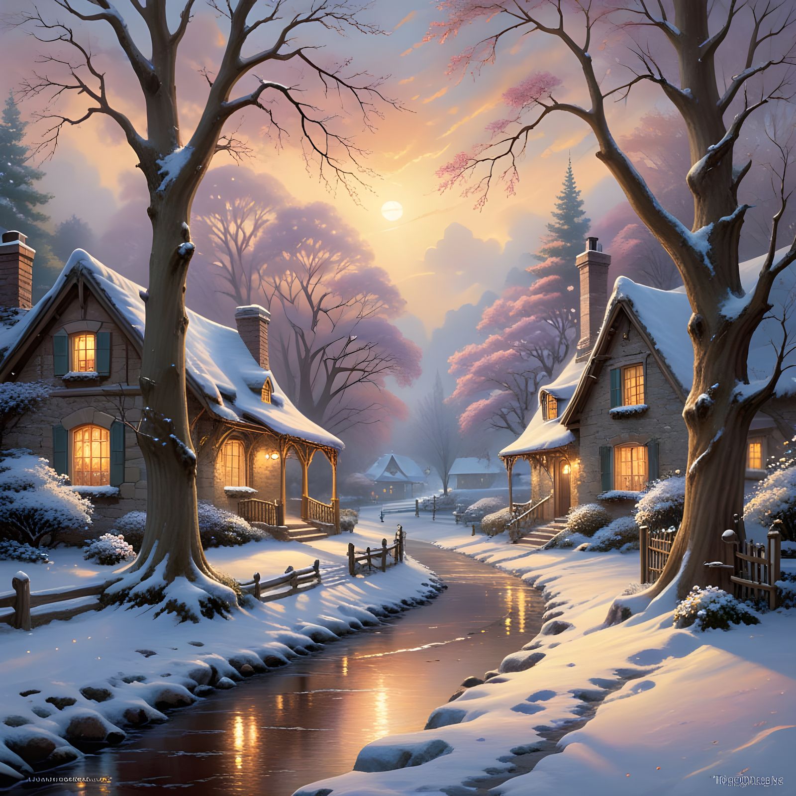 Idyllic Winter Scene in Traditional Oil Painting Style