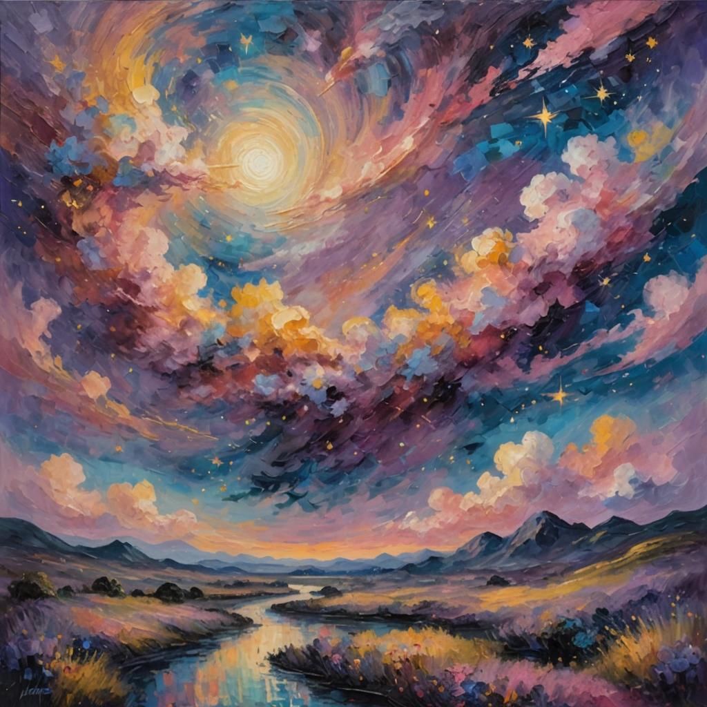 Vibrant Cosmic Landscape as Impasto Oil Painting