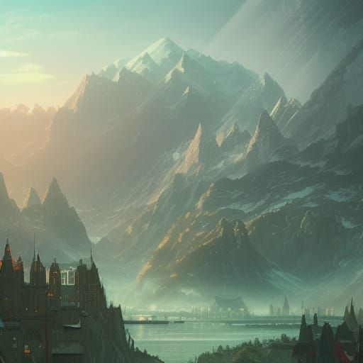 Lord of the Rings Cityscape in Retrofuturism Style