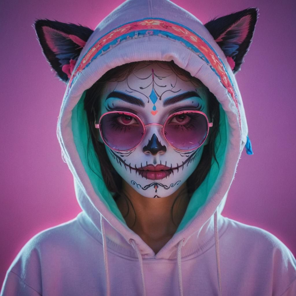 Japanese Catrina in Synthwave Neon Illustration