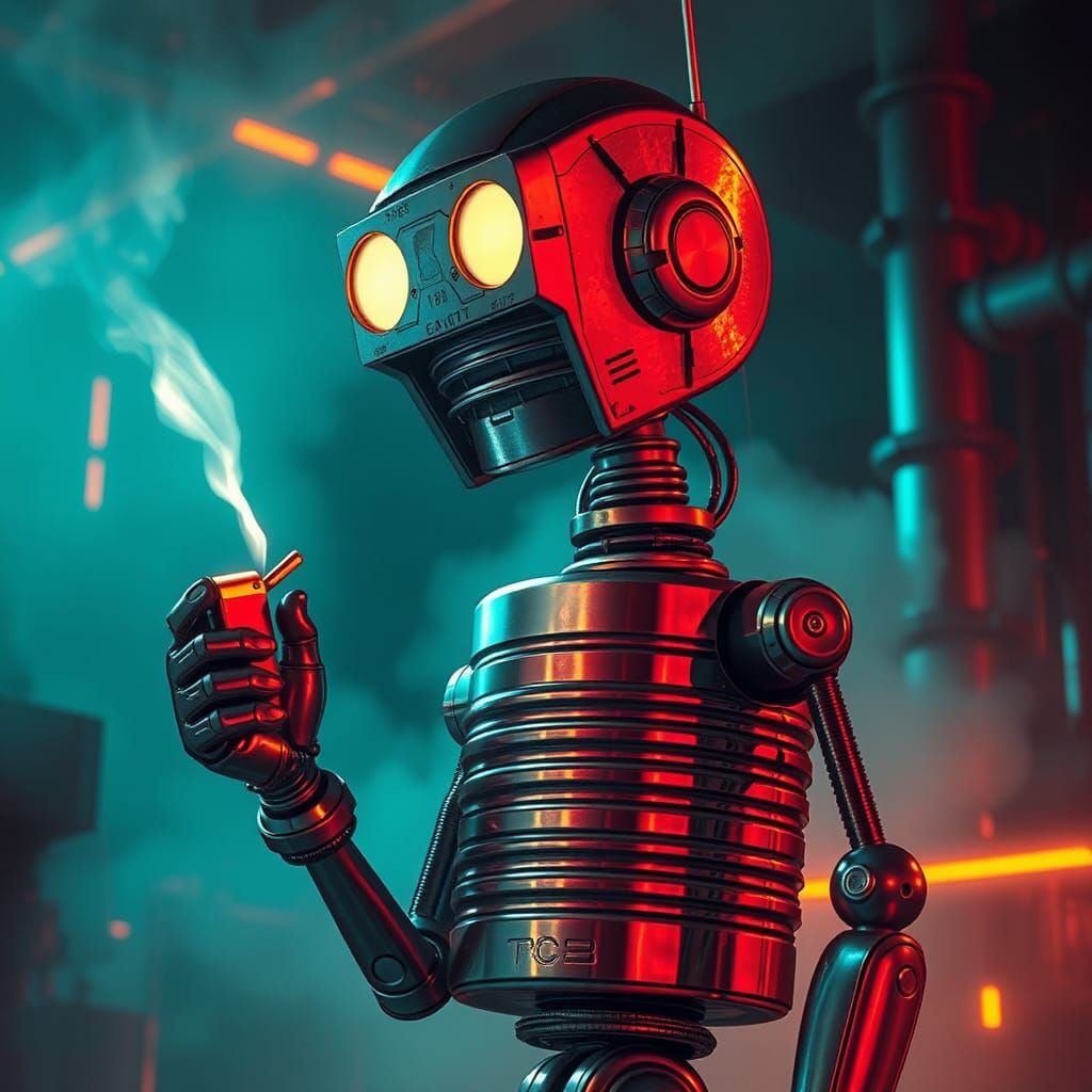 Retro-Futuristic Robot with Lighter in Fluorescent Lighting