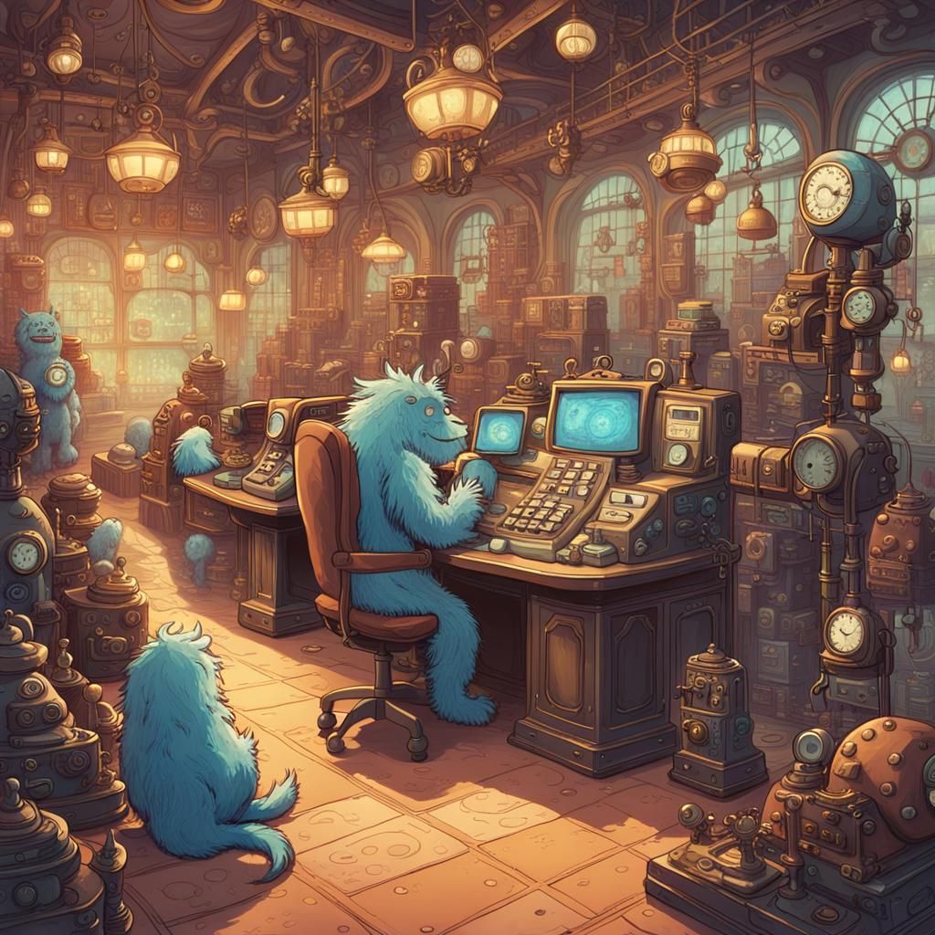 Steampunk Monster Call Center in Ghibli Style