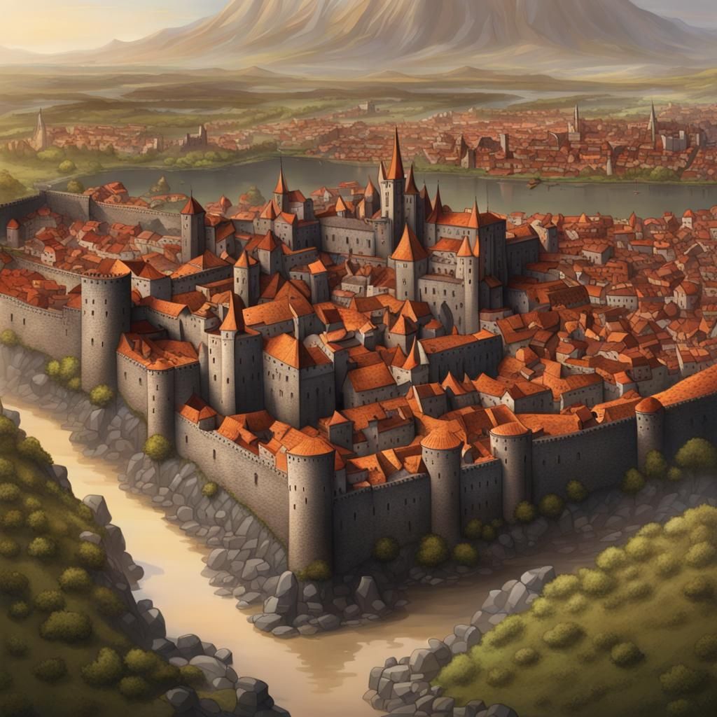 Walled Medieval City on River of Lava