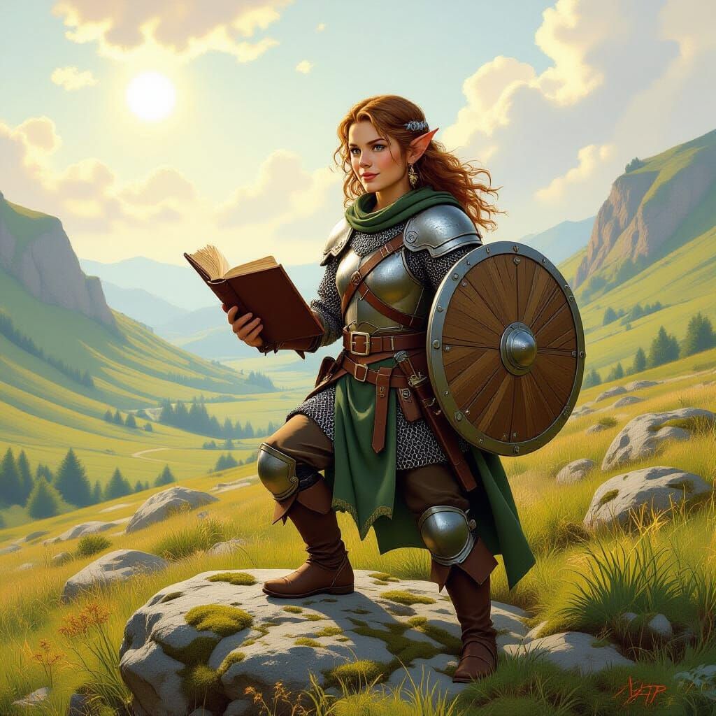 Halfling Cleric with Shield and Book in Fantasy Valley