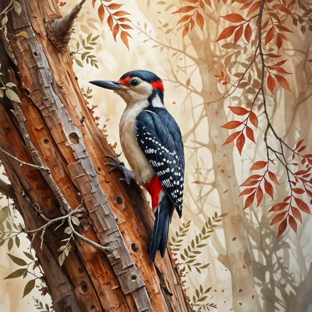 Woodpecker on Tree Trunk in Watercolour Style
