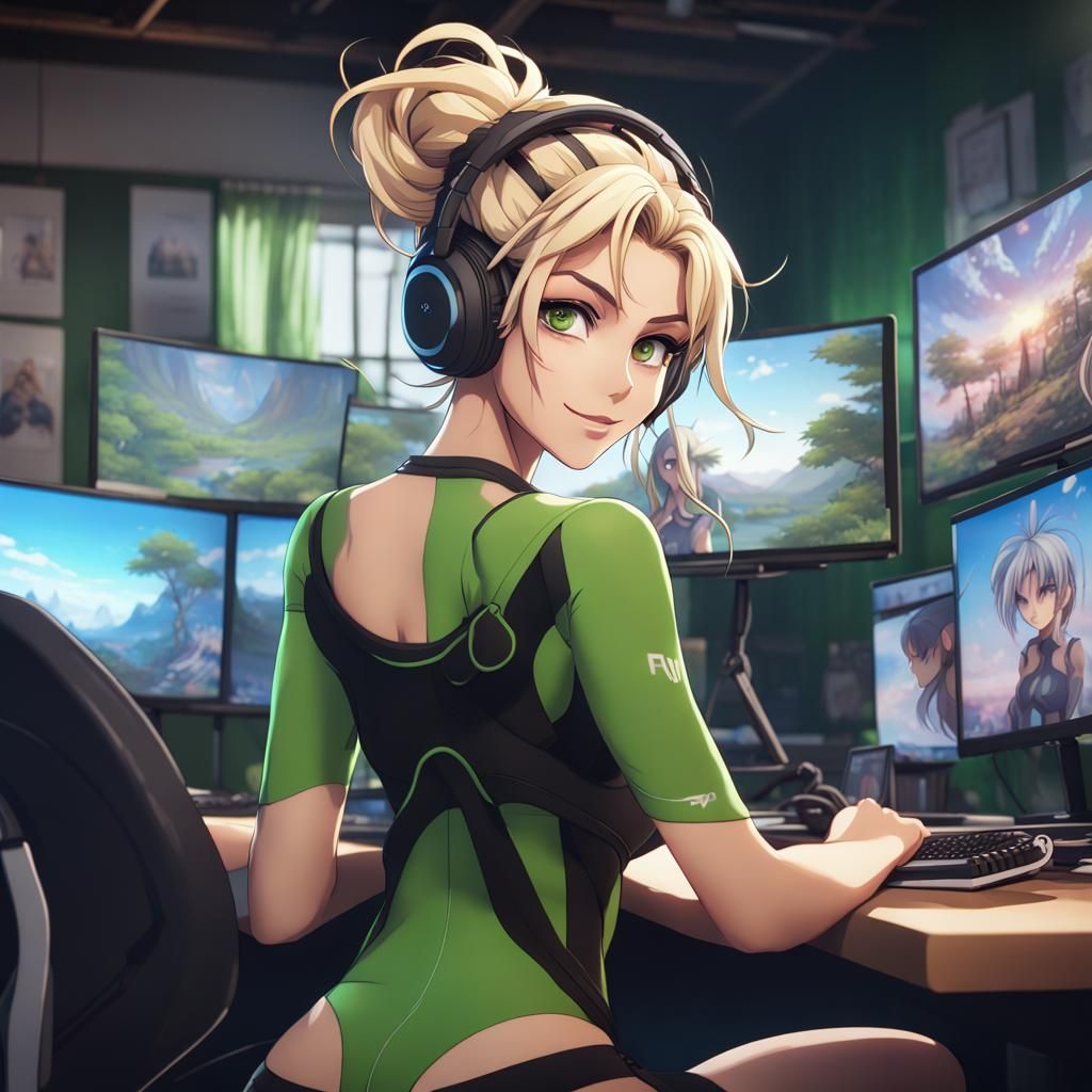 Anime Woman Streaming, Detailed Digital Art