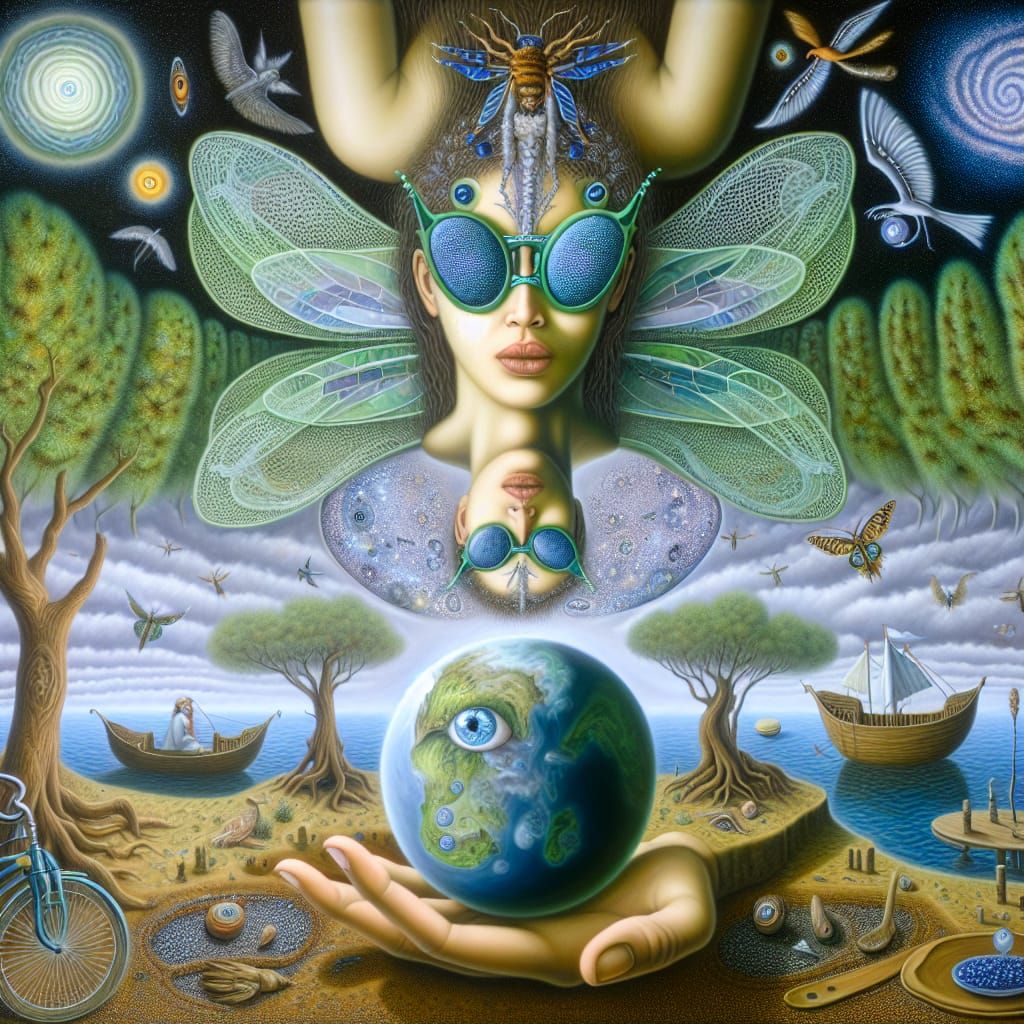 Woman Holding Cosmos in Surrealist Celestial Vista