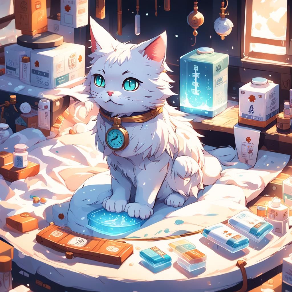 Sick Cat with Thermometer: 3D Anime Art