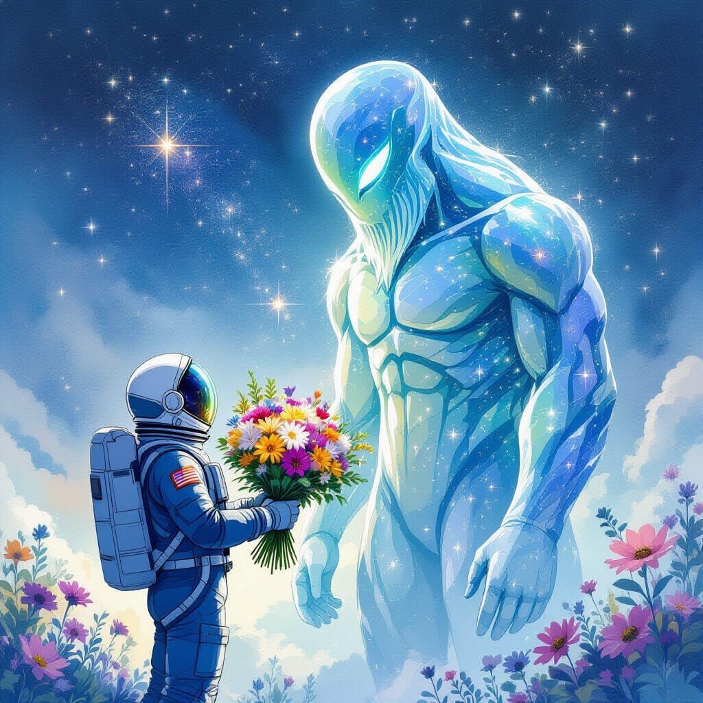 Astronaut Presents Flowers to Stardust Space Giant