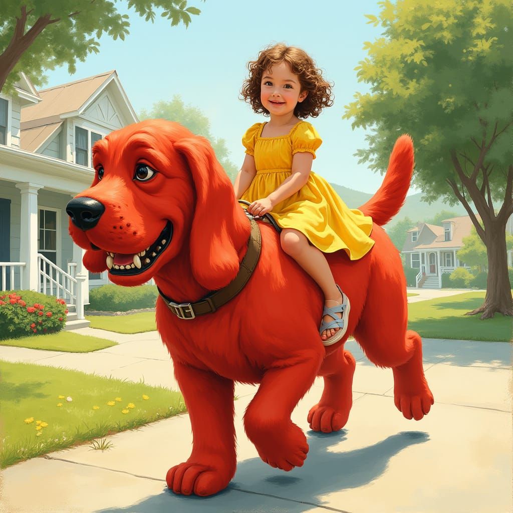 Girl Rides Giant Red Dog: Nostalgic Digital Art