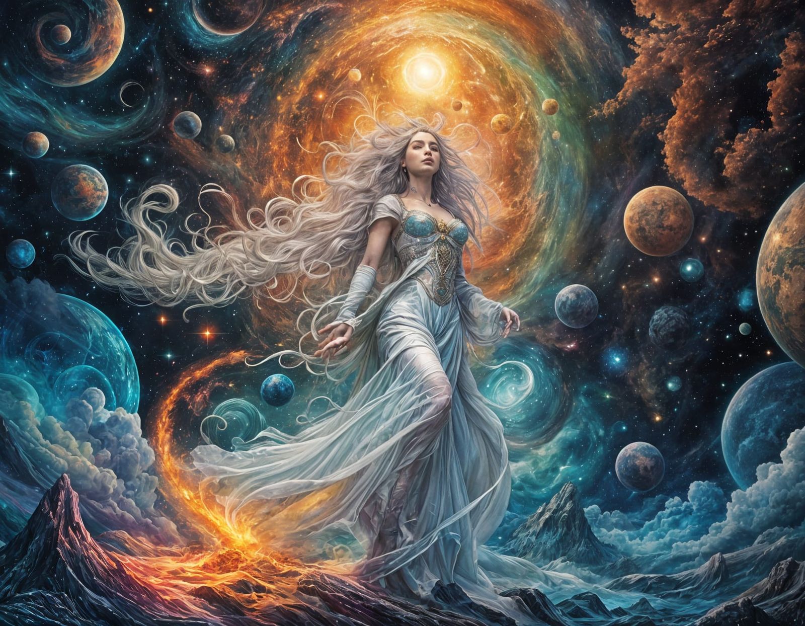 Cosmic Dreamscapes in Vibrant Mixed Media