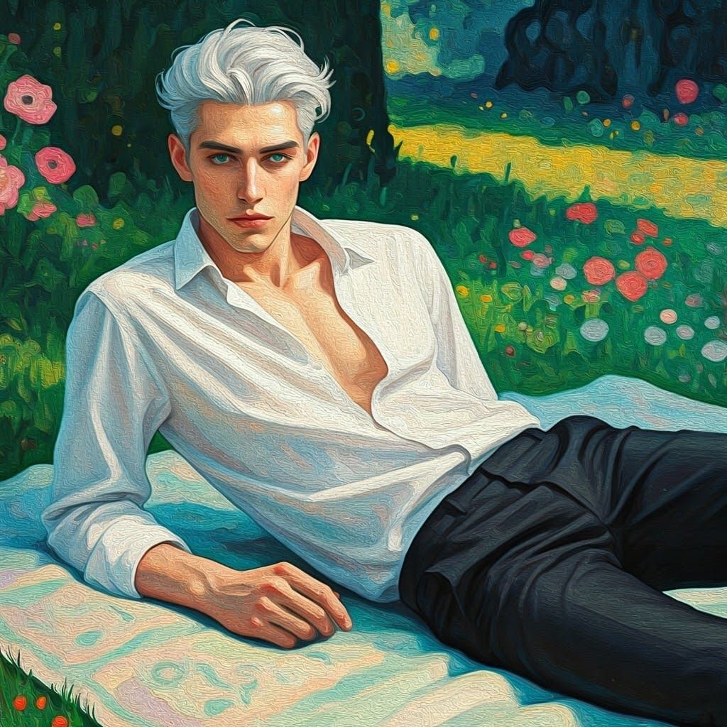 Melancholy Man in Impressionist Landscape, Klimt Style