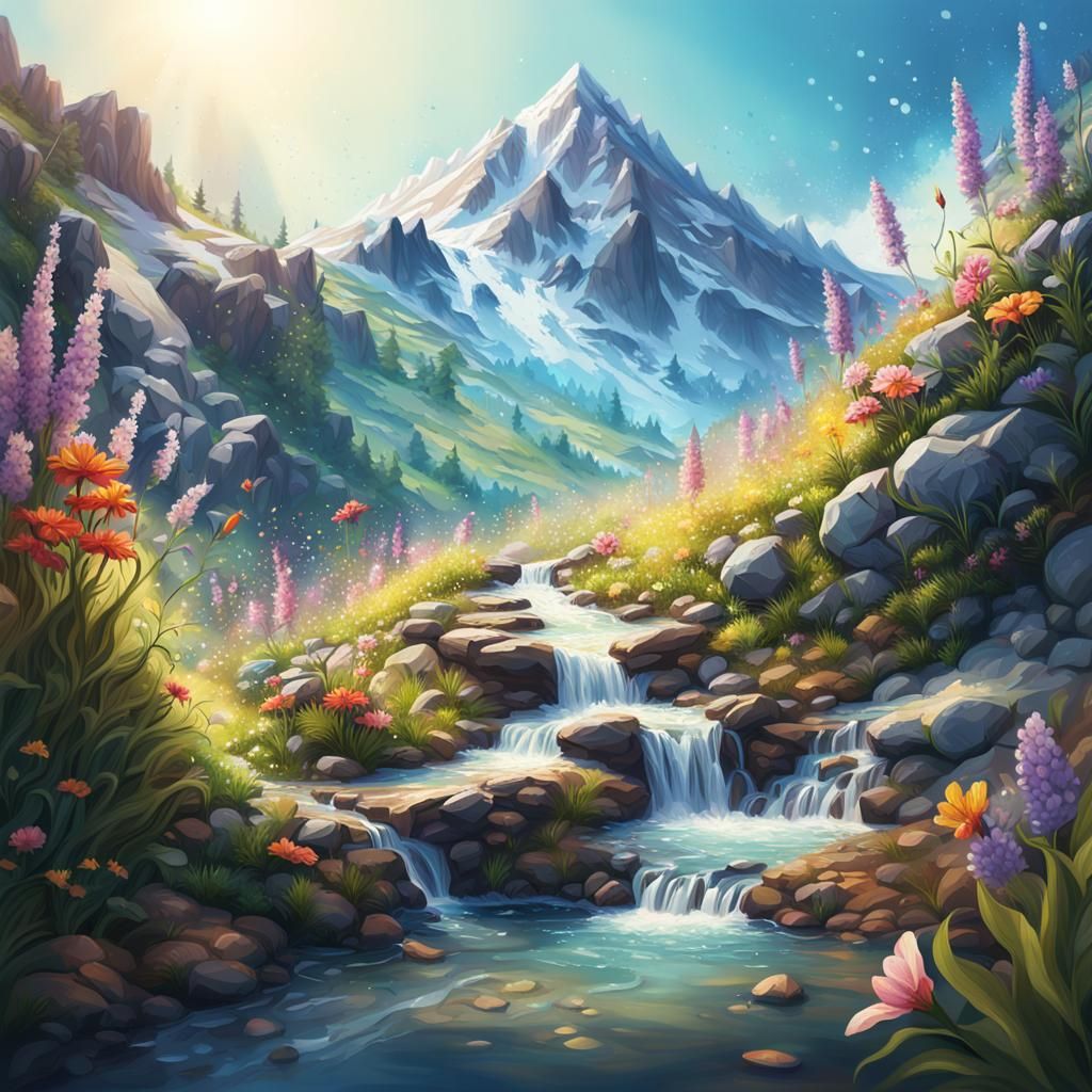 Sparkling Mountain Spring in Hyperrealistic Style