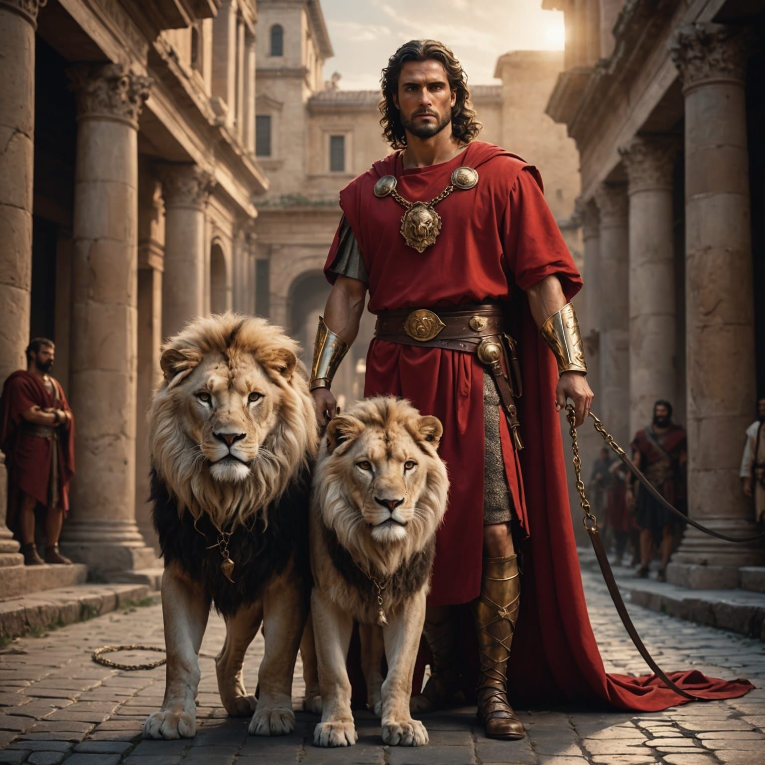 Roman God and Warrior with Lion in Golden Hour