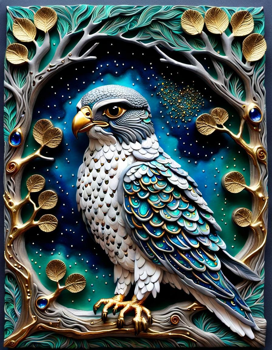 Detailed Polymer Clay Falcon in Maximalist Impasto Style
